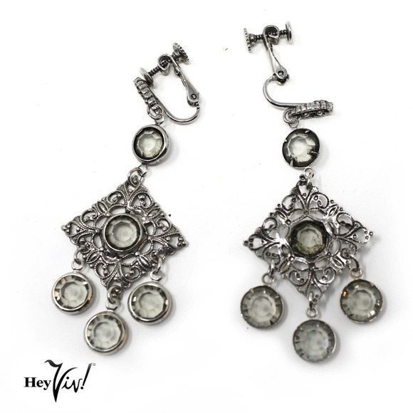 Vintage 1980s Silver Fancy Dangle Clip On Earrings New/Old Store Stock -Hey Viv - Picture 4 of 5